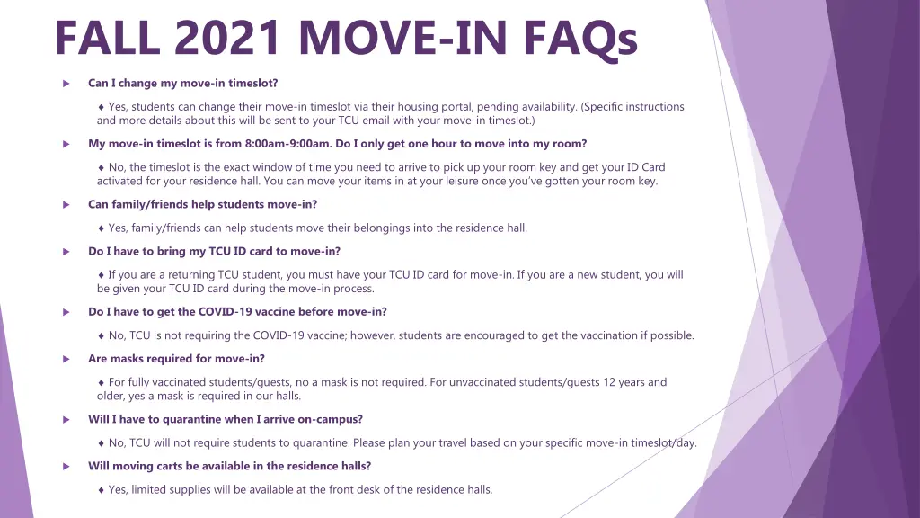 fall 2021 move in faqs