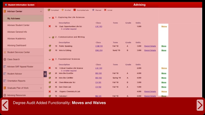 degree audit added functionality moves and waives