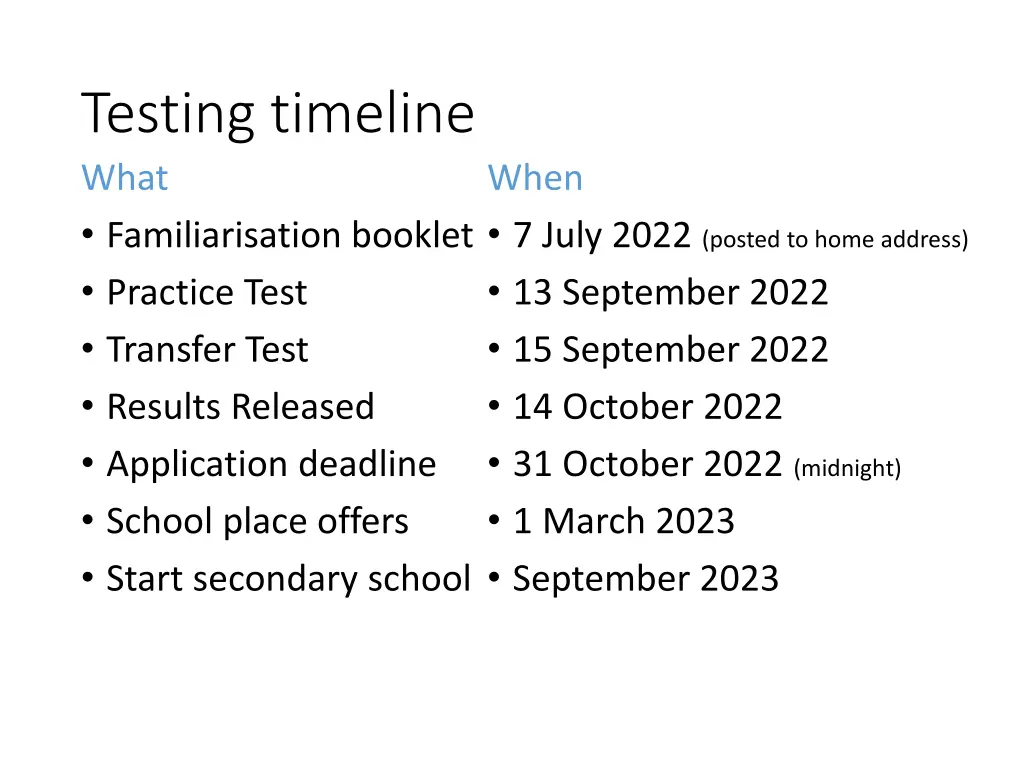 testing timeline what familiarisation booklet