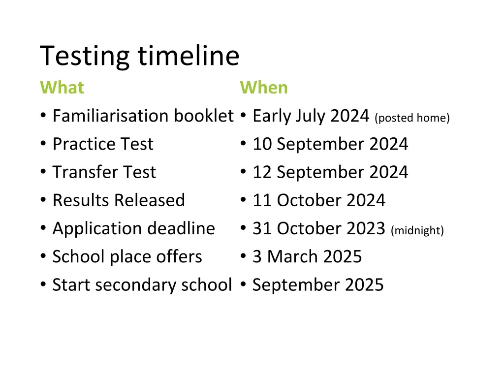 testing timeline what familiarisation booklet