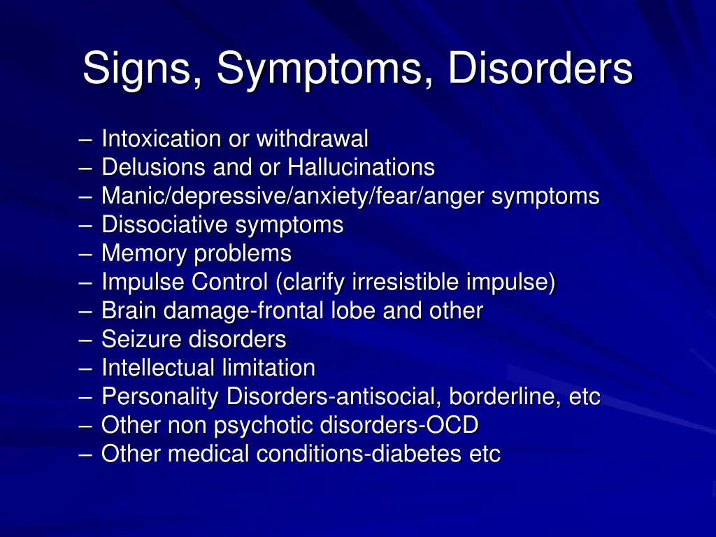 signs symptoms disorders