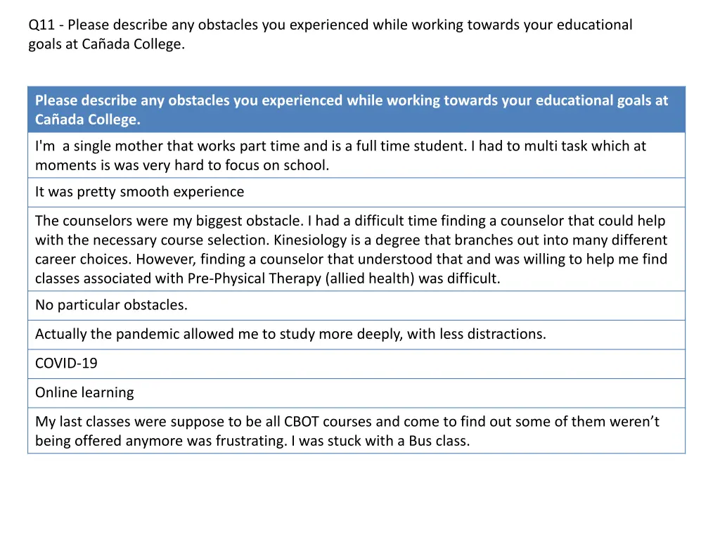 q11 please describe any obstacles you experienced 1