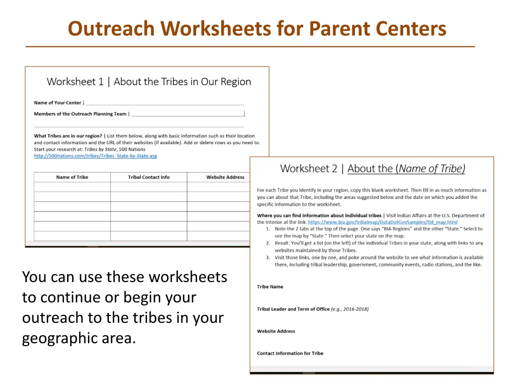 outreach worksheets for parent centers