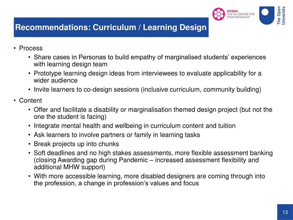 recommendations curriculum learning design