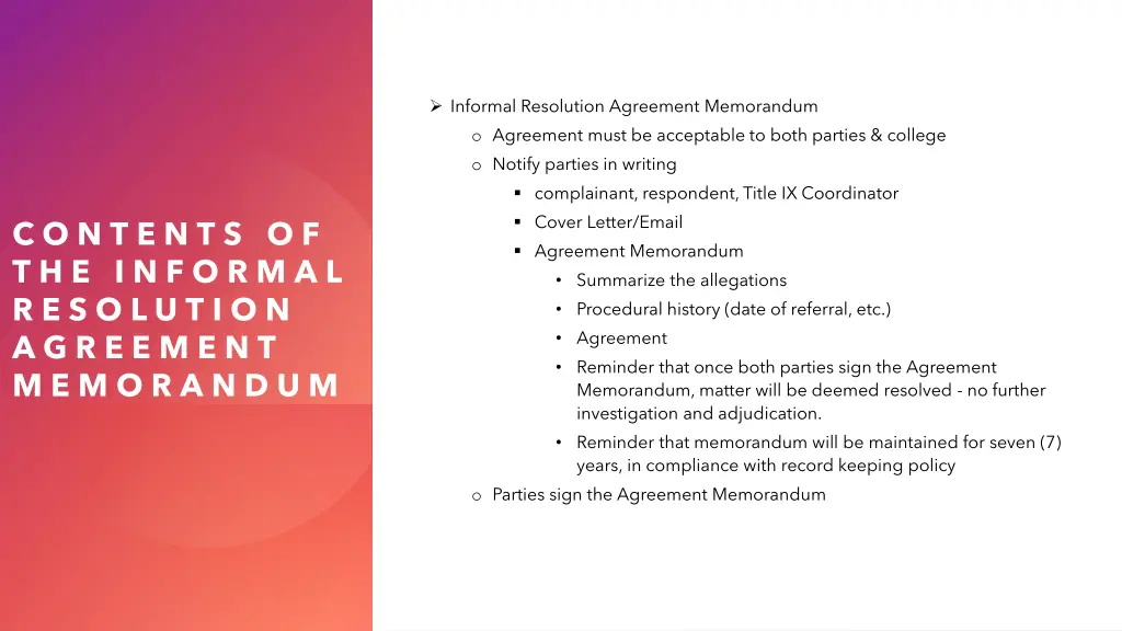 informal resolution agreement memorandum