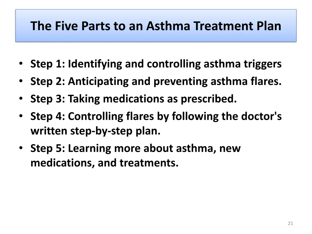 the five parts to an asthma treatment plan