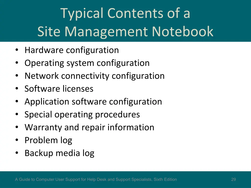 typical contents of a site management notebook