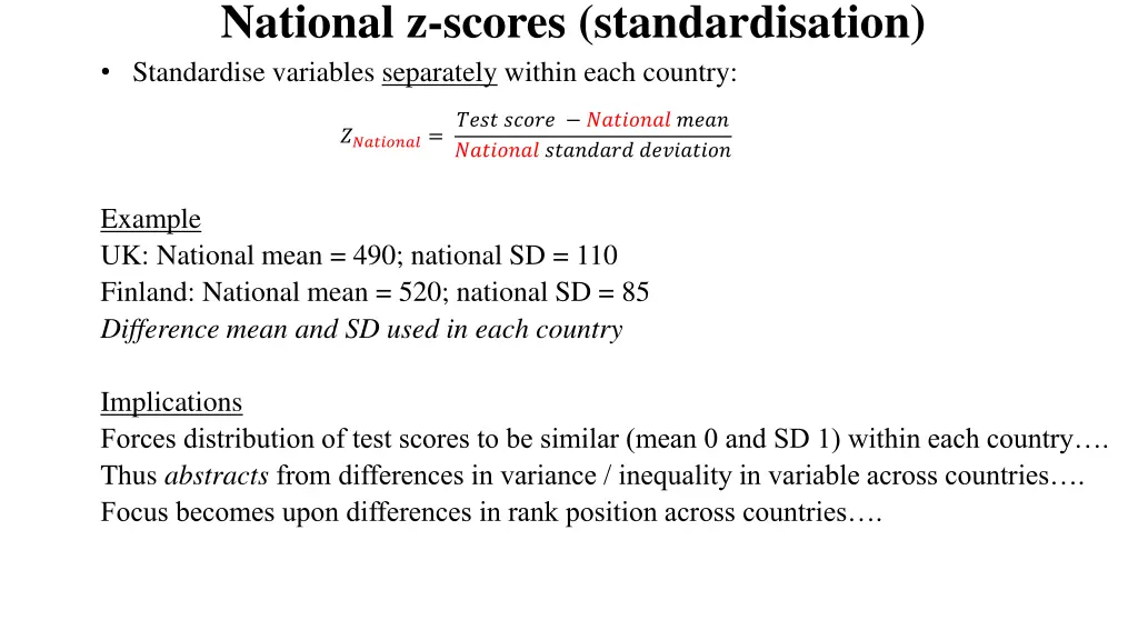 national z scores standardisation standardise