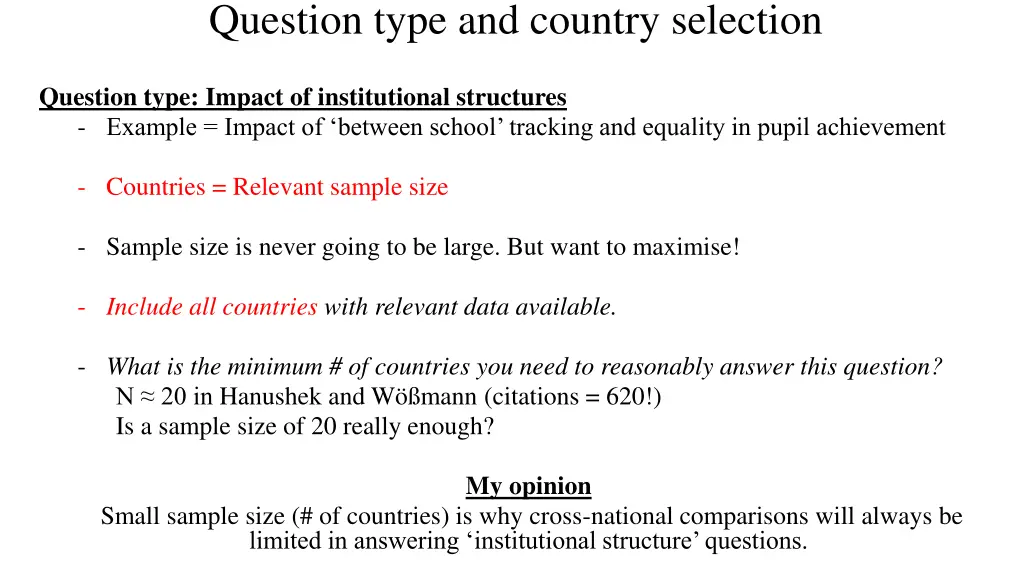 question type and country selection