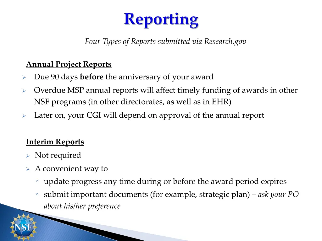 four types of reports submitted via research gov 1