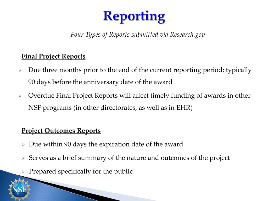 four types of reports submitted via research gov 3