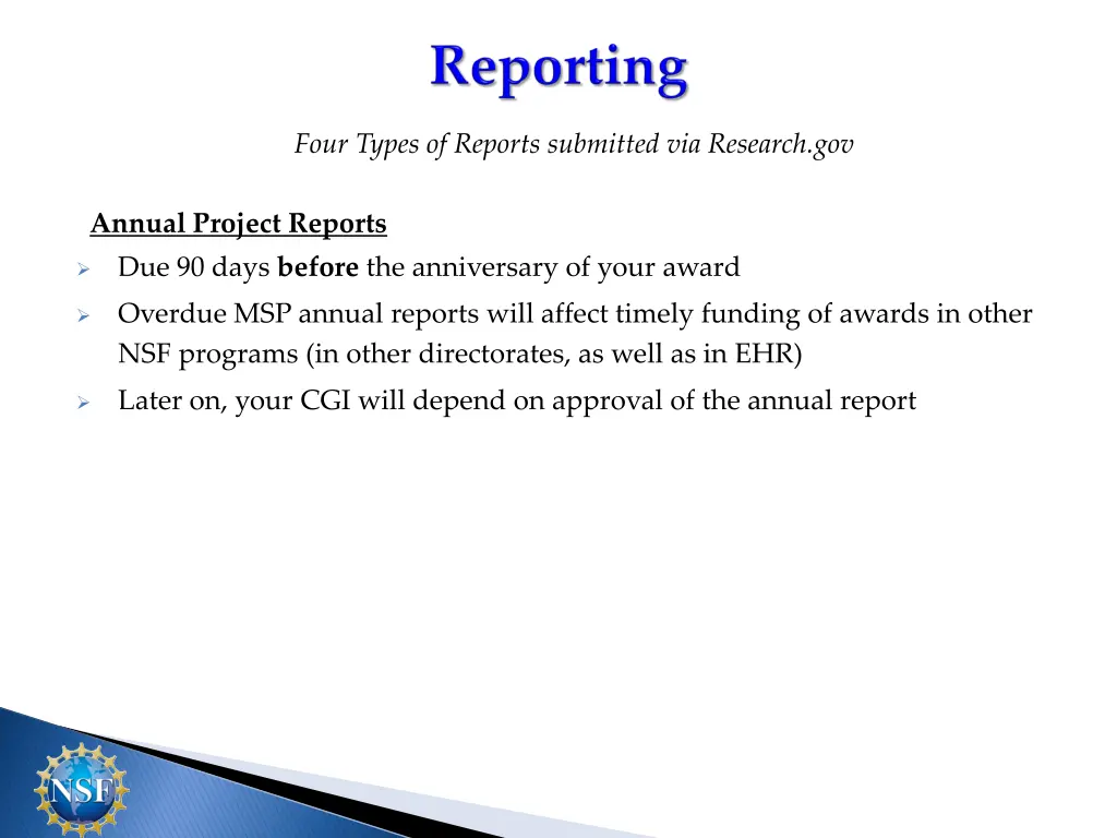 four types of reports submitted via research gov