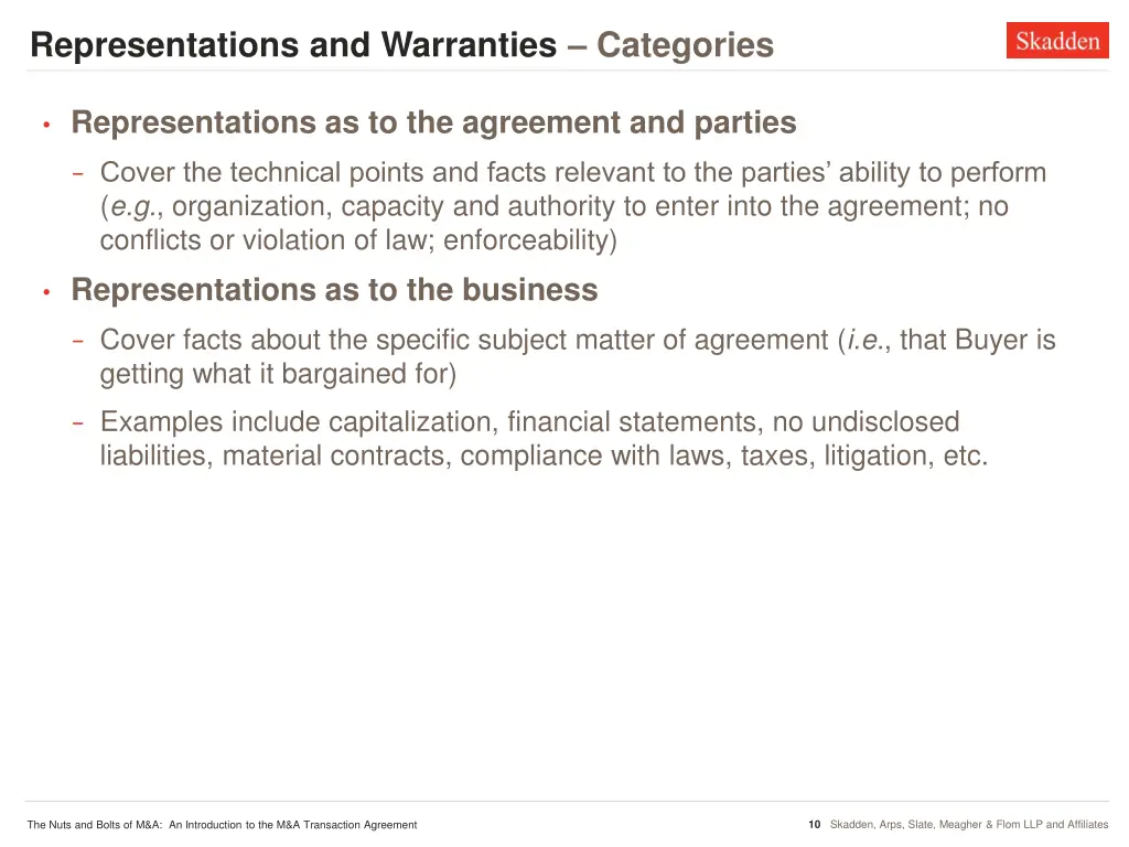 representations and warranties categories