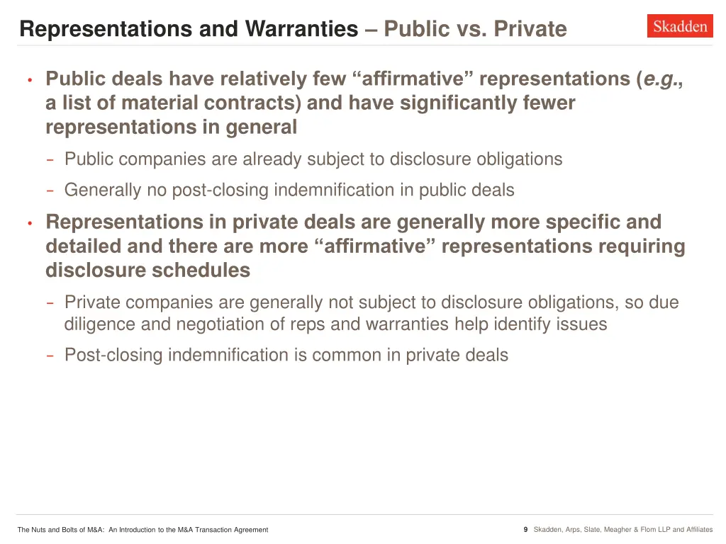 representations and warranties public vs private