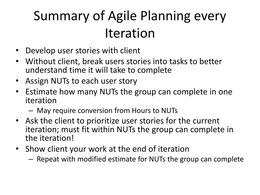 summary of agile planning every iteration develop