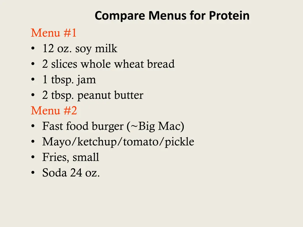 compare menus for protein