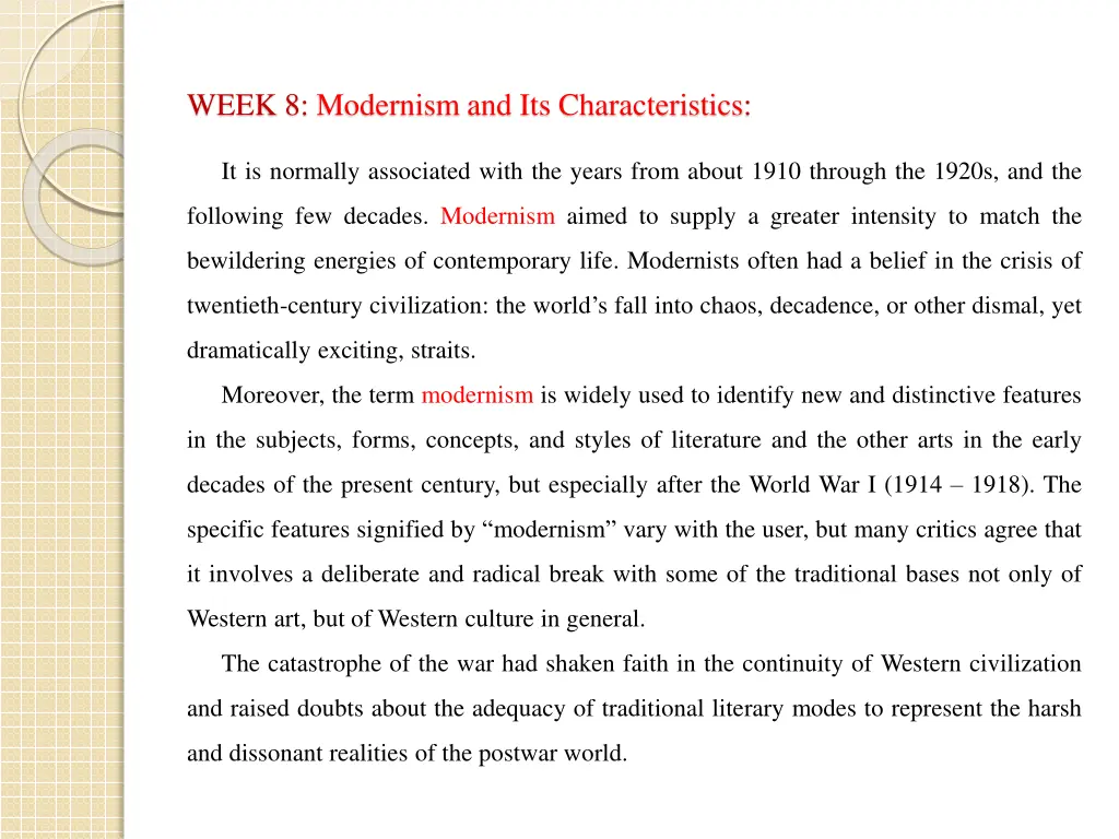 week 8 modernism and its characteristics