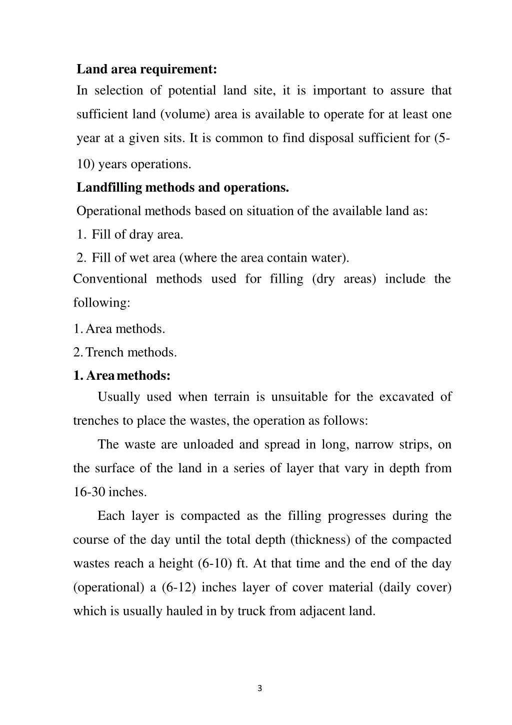 land area requirement in selection of potential