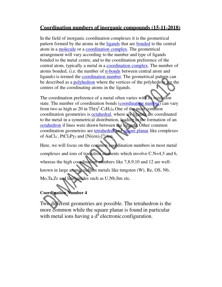 coordination numbers of inorganic compounds