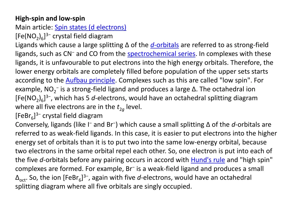 high spin and low spin main article spin states