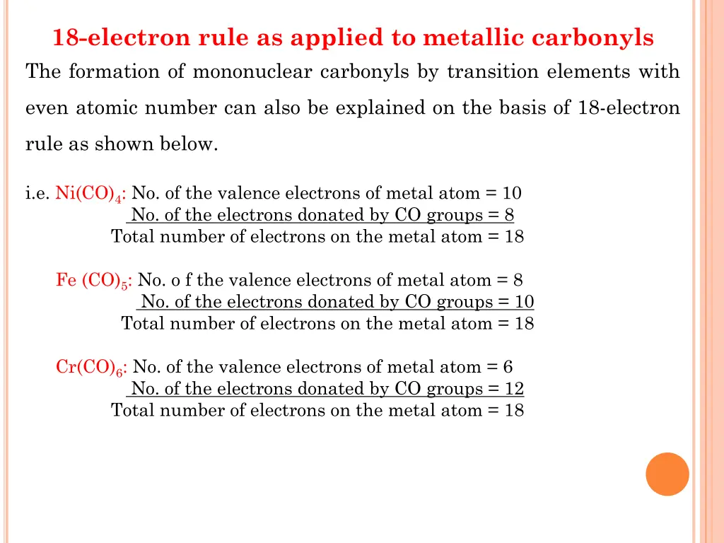 18 electron rule as applied to metallic carbonyls