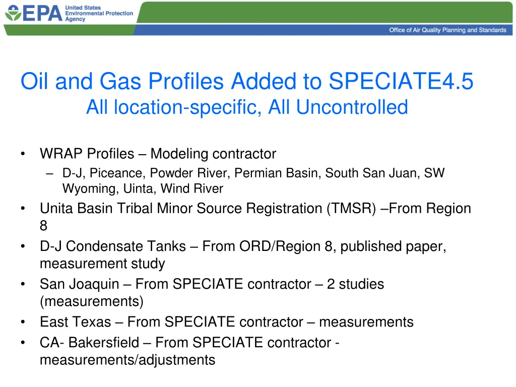 oil and gas profiles added to speciate4