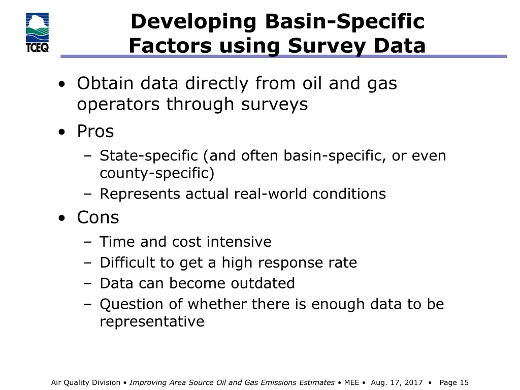 developing basin specific factors using survey