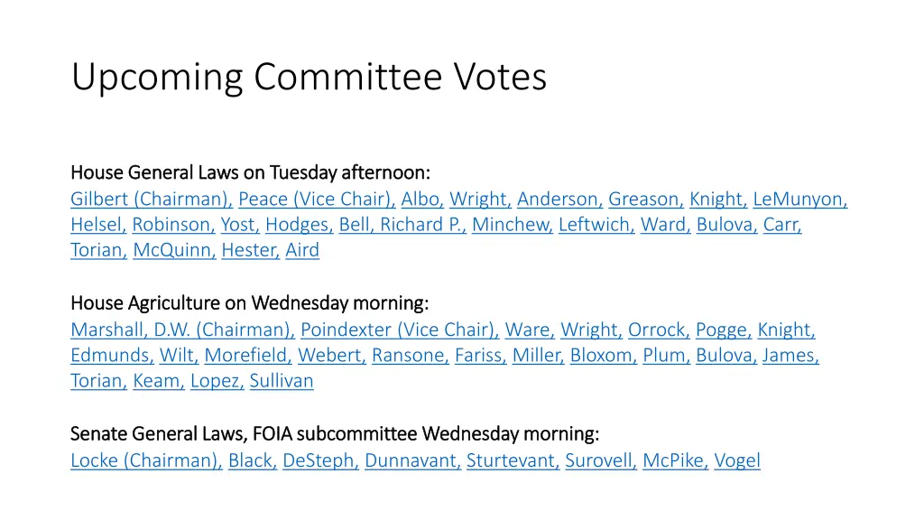 upcoming committee votes