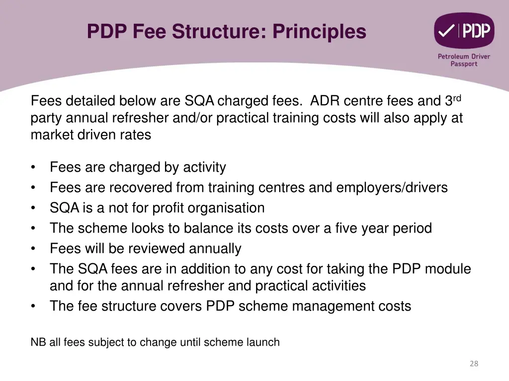 pdp fee structure principles