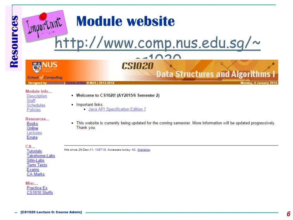 module website http www comp nus edu sg cs1020