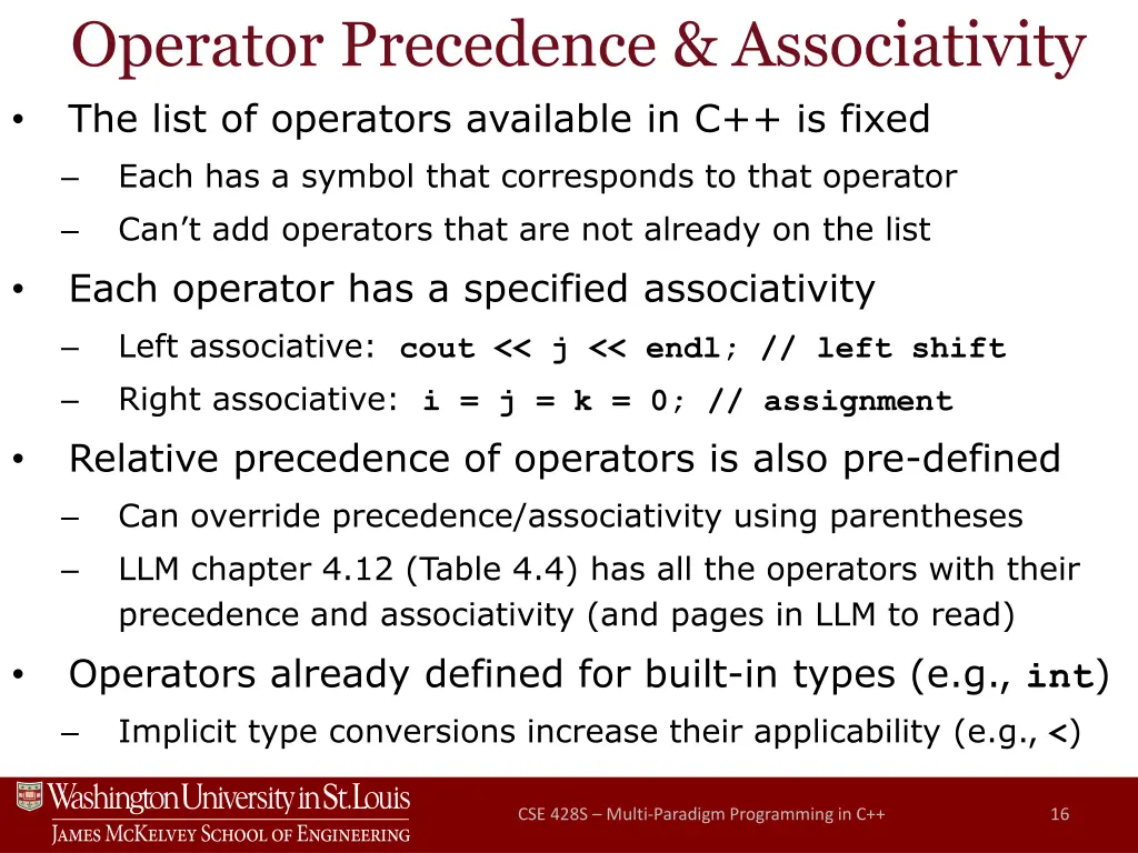 operator precedence associativity the list