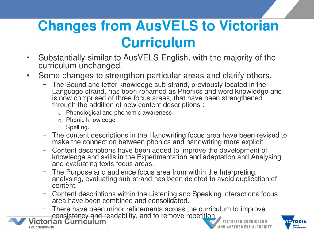 changes from ausvels to victorian curriculum