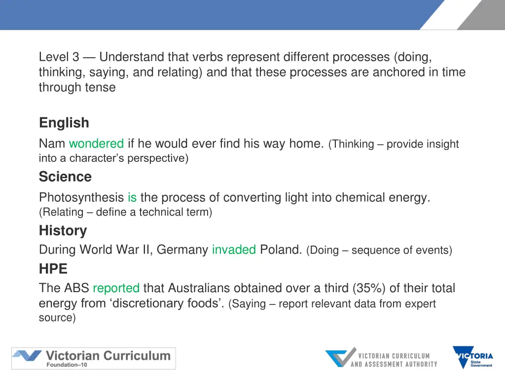 level 3 understand that verbs represent different