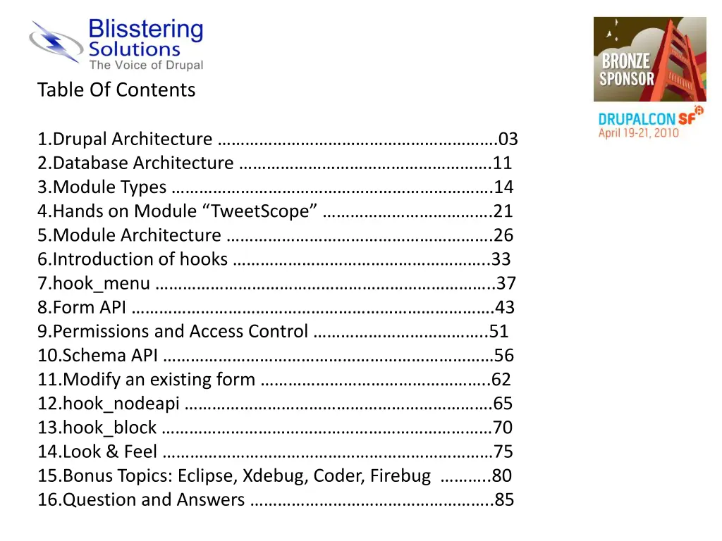 table of contents