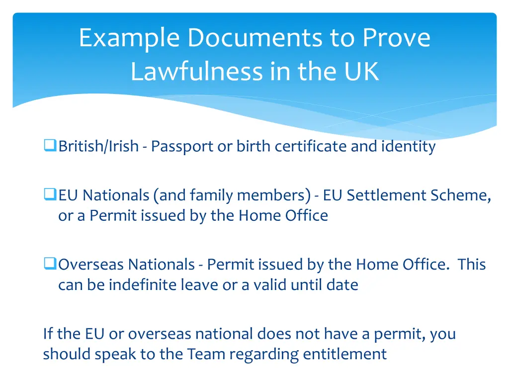 example documents to prove lawfulness in the uk