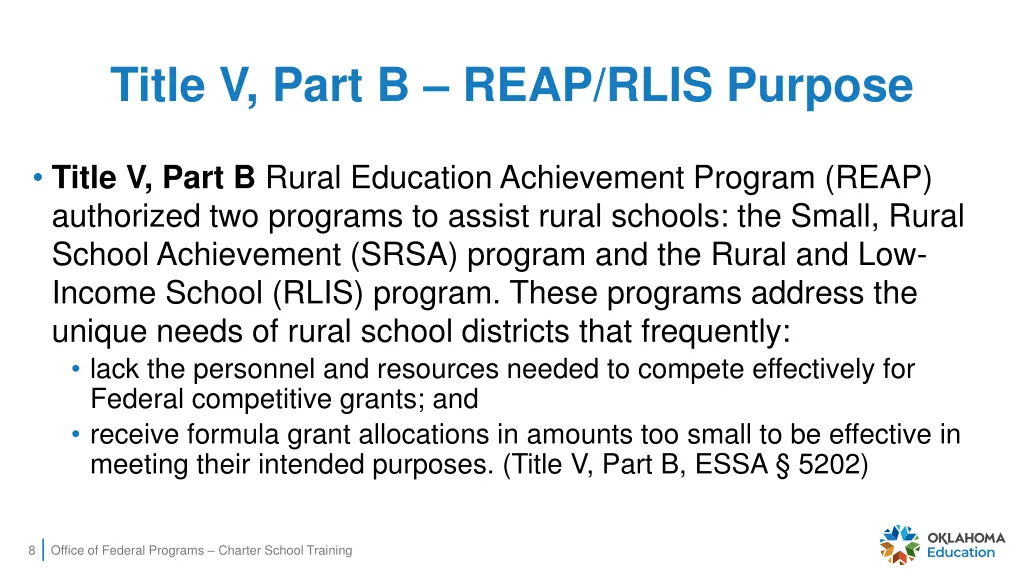 title v part b reap rlis purpose