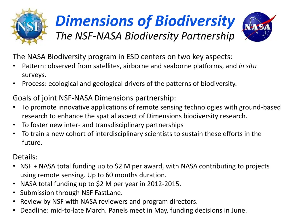 dimensions of biodiversity the nsf nasa