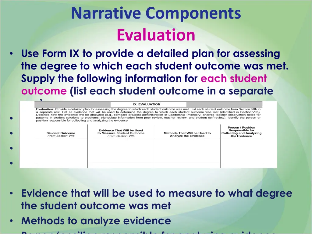 narrative components evaluation use form