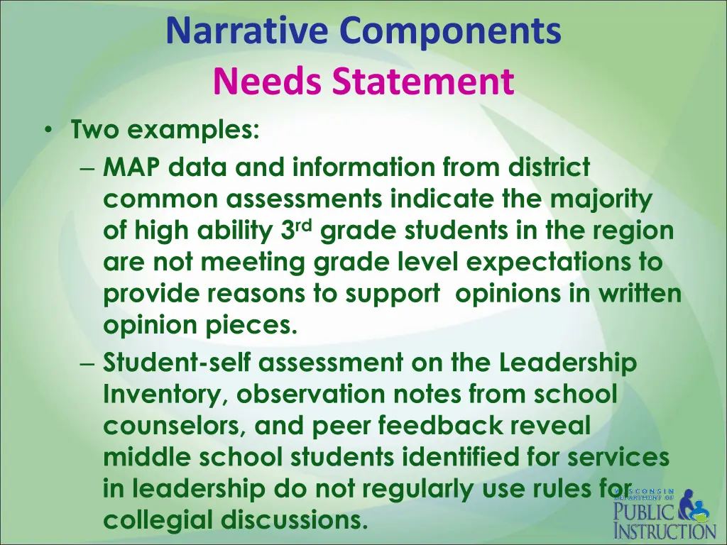 narrative components needs statement two examples