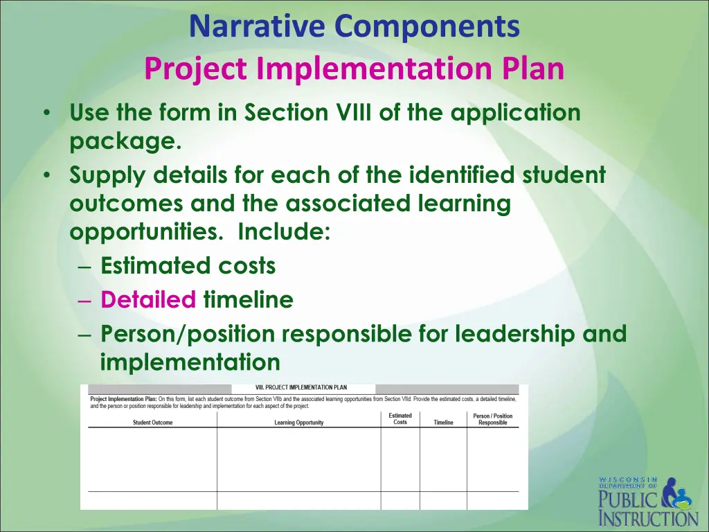 narrative components project implementation plan