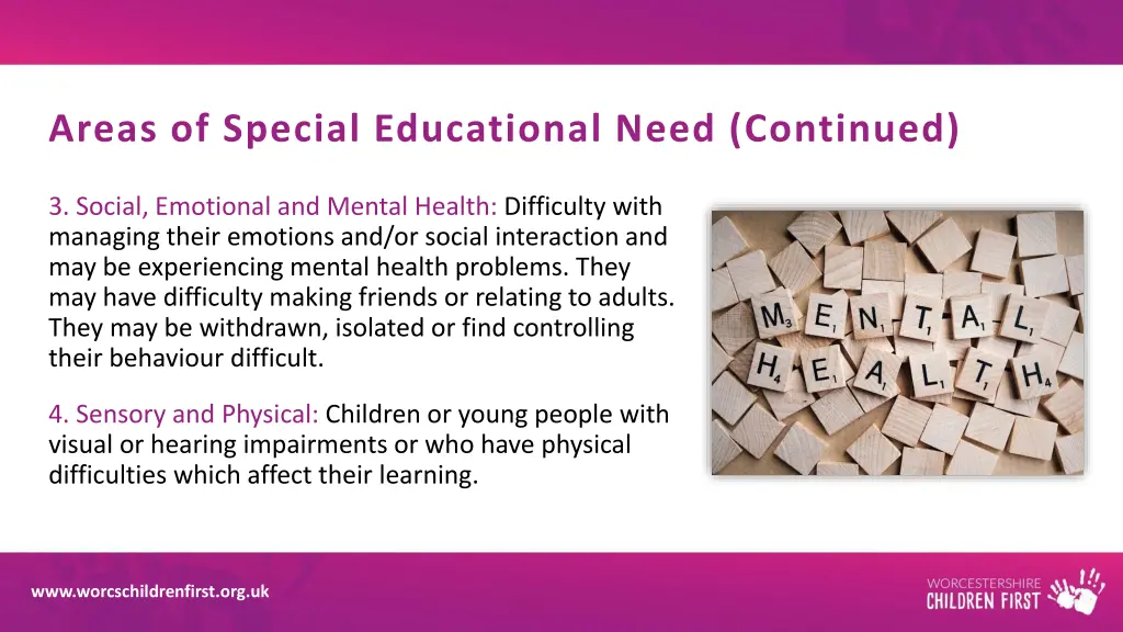 areas of special educational need continued