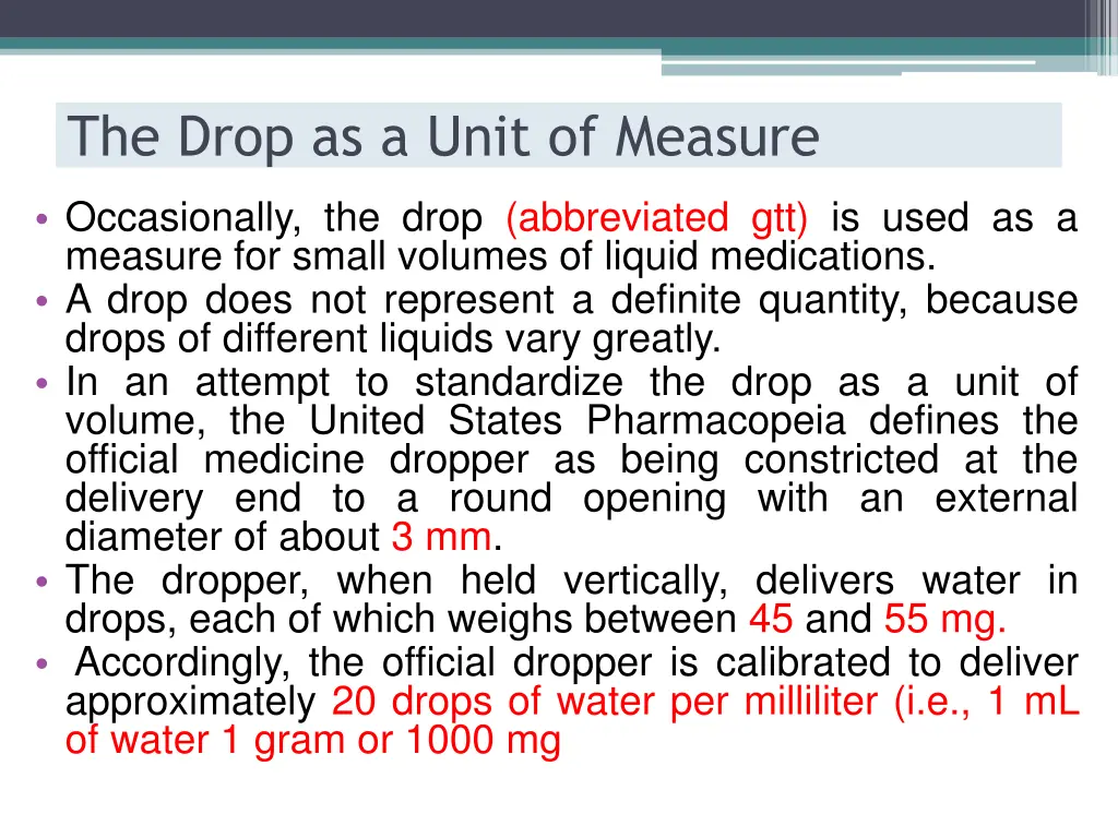 the drop as a unit of measure