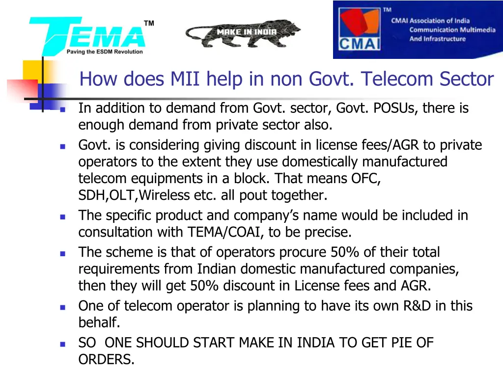 how does mii help in non govt telecom sector