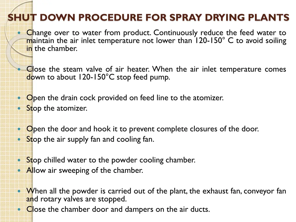 shut down procedure for spray drying plants