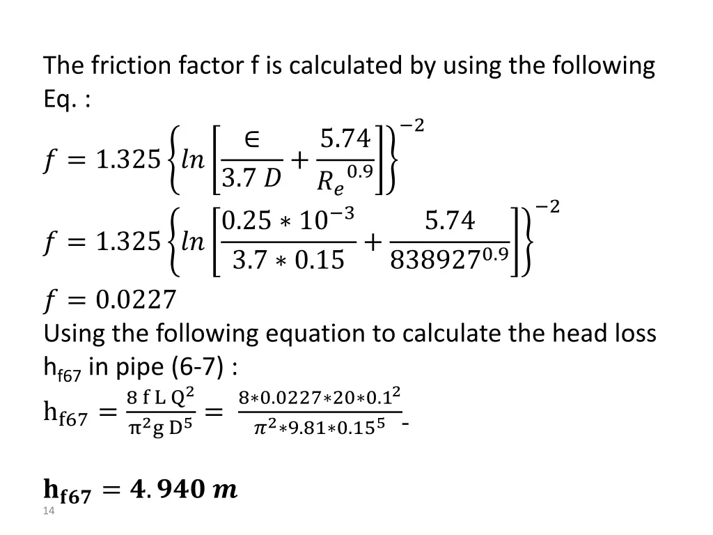 the friction factor f is calculated by using