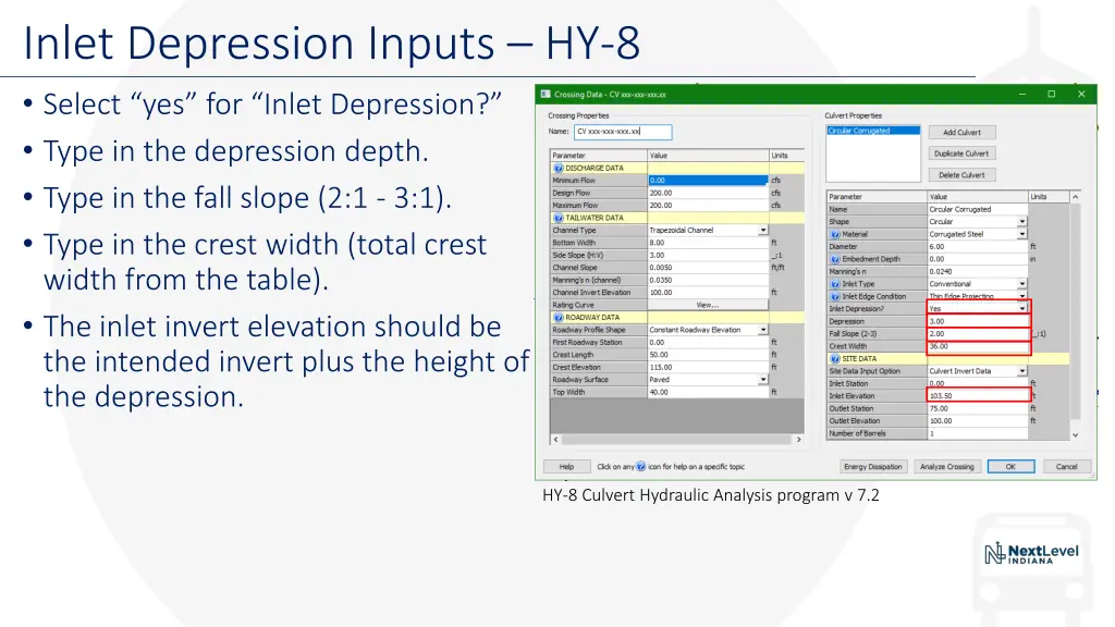 inlet depression inputs hy 8