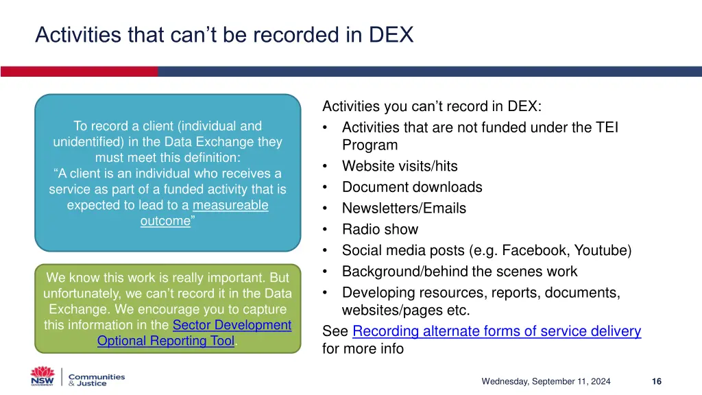 activities that can t be recorded in dex