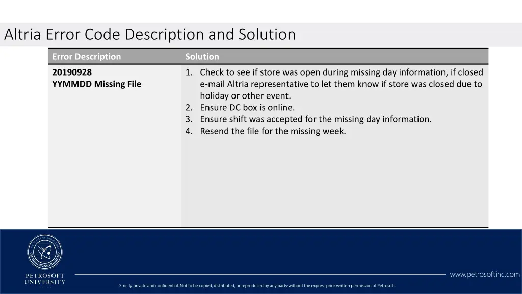 altria error code description and solution