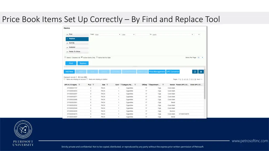 price book items set up correctly by find