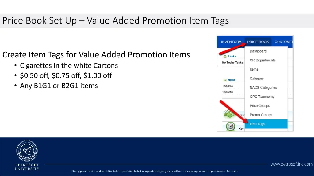 price book set up value added promotion item tags